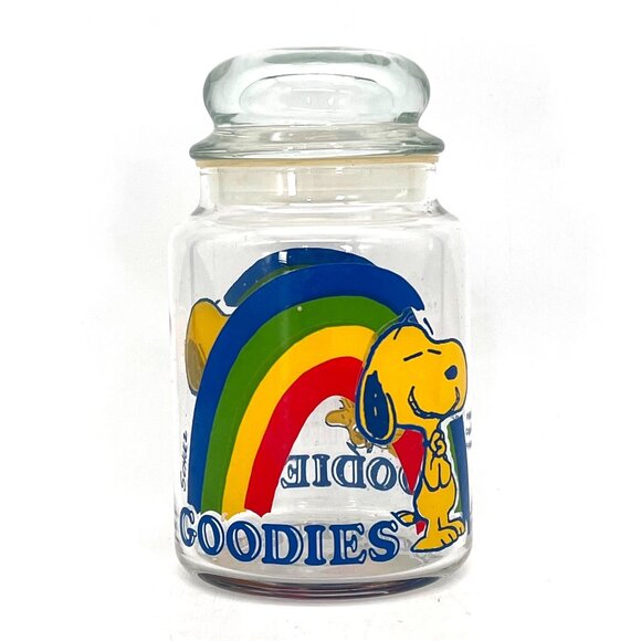 Vintage Peanuts Snoopy & Woodstock Rainbow Glass Goodies Cookie Candy Jar 7" - Picture 1 of 13
